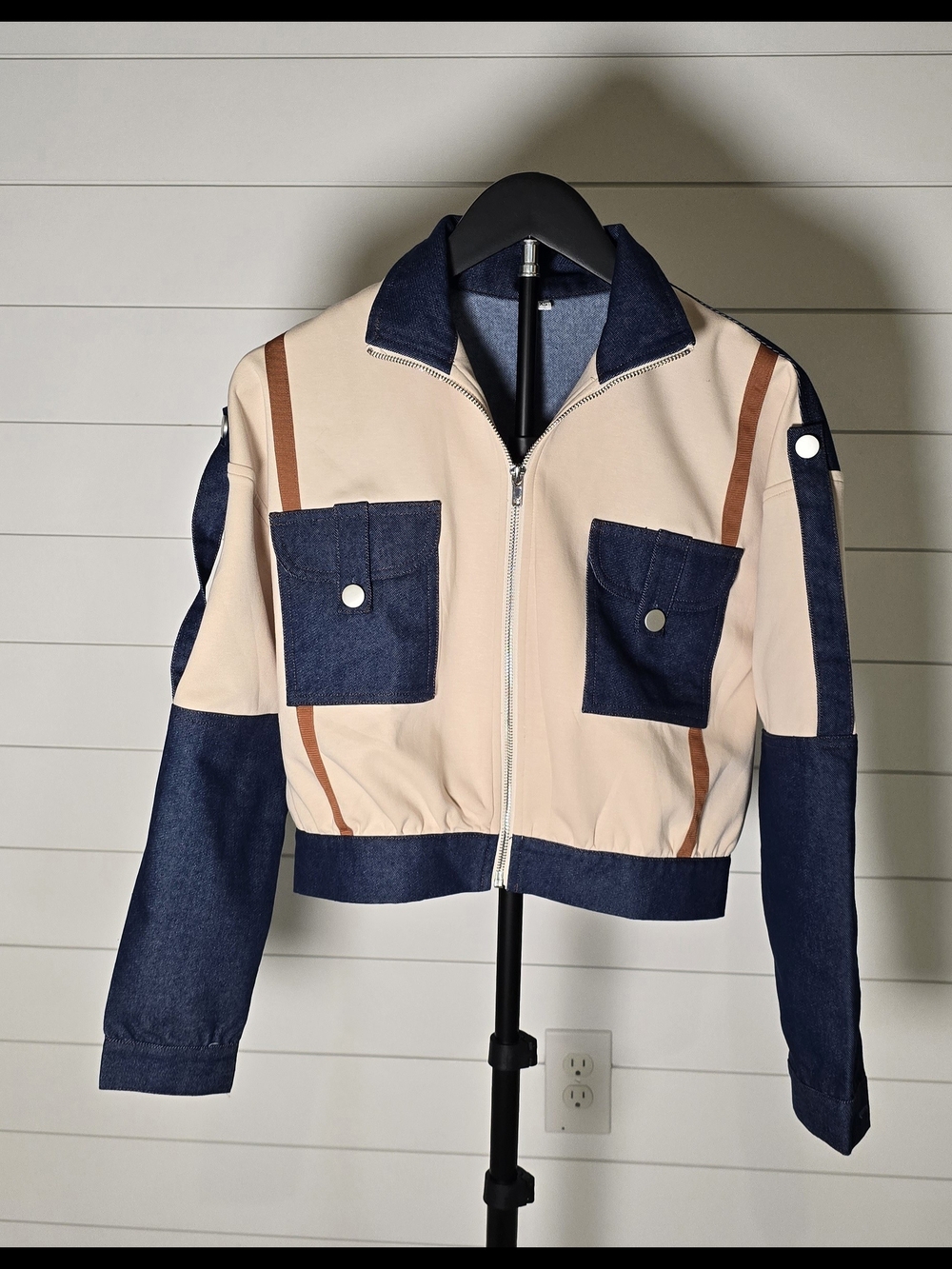 Cropped Colorblock Bomber Jacket in Navy & Cream XS